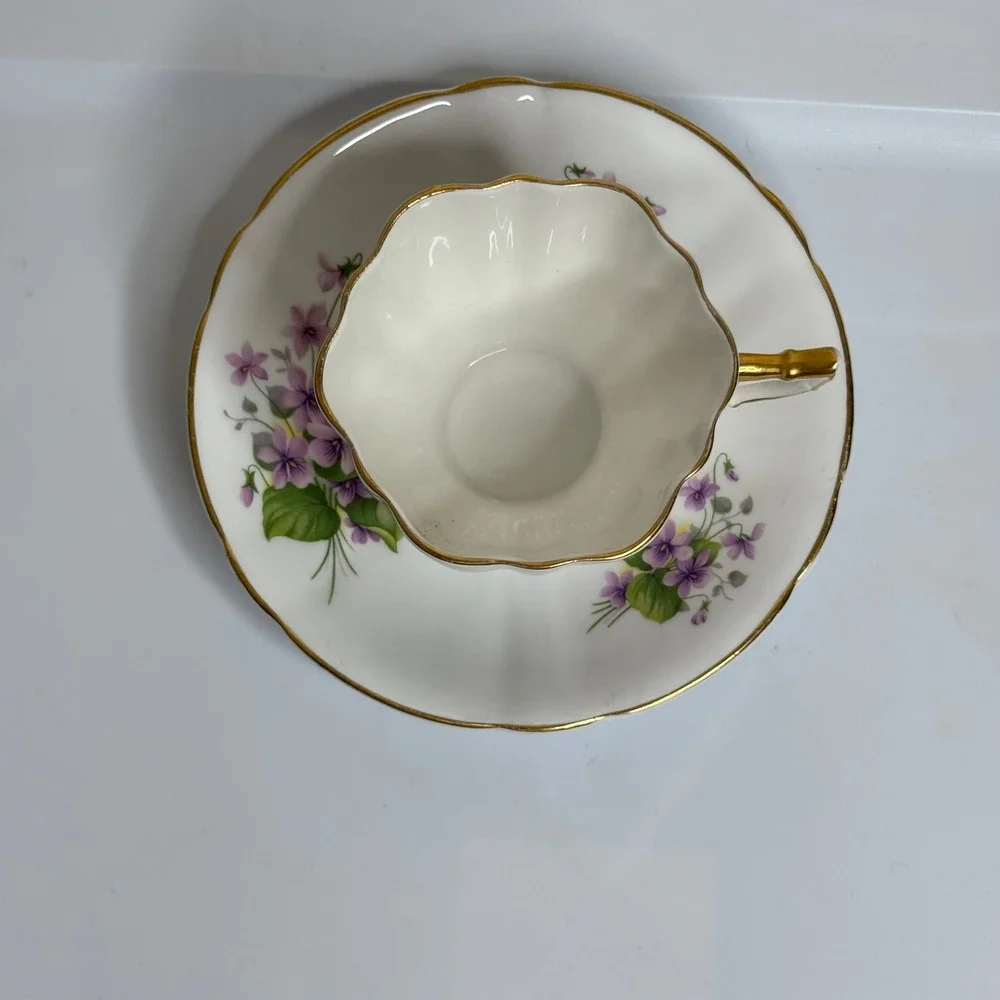 Royal Victoria Fine Bone China Tea Cup and Saucer Set Violets Gold Trim England